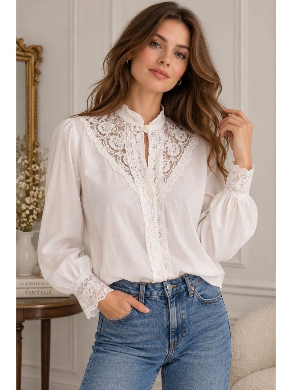 vintage-inspired white button-up blouse featuring a stunning floral lace yoke M